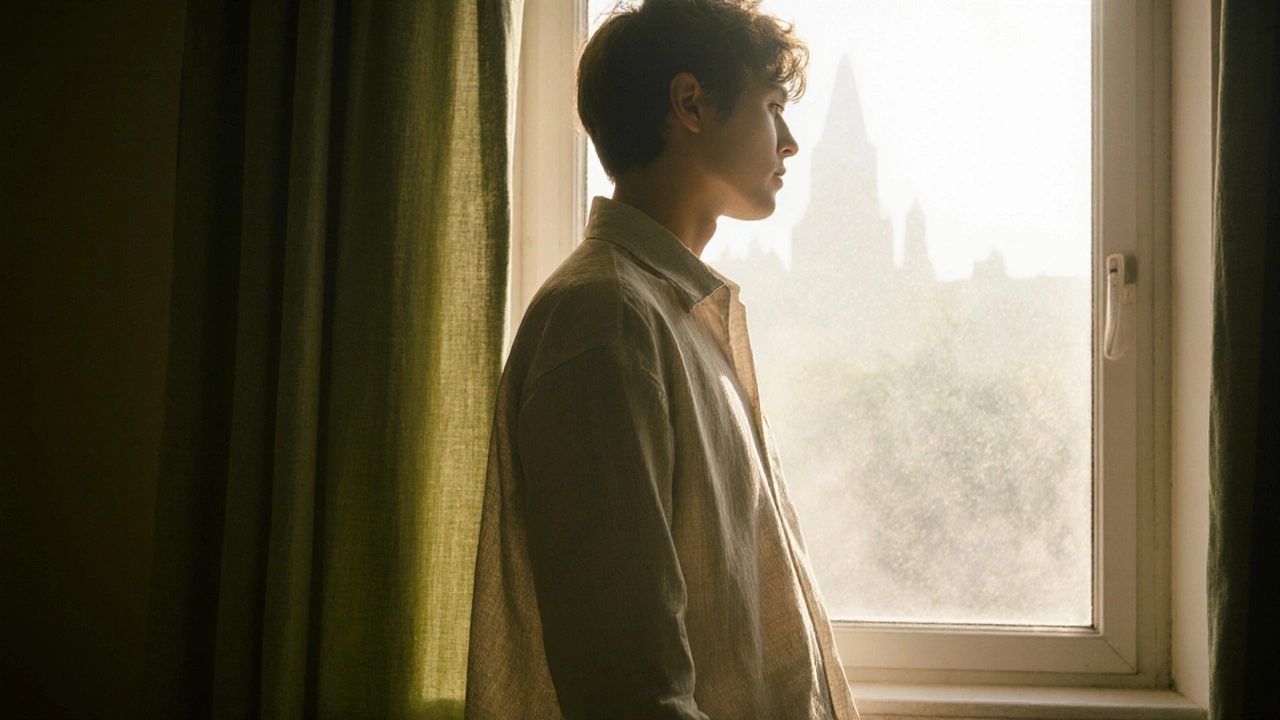 Человек в льняной одежде стоит у окна в жаркий день, ткань свободно дrapeется на ветру.