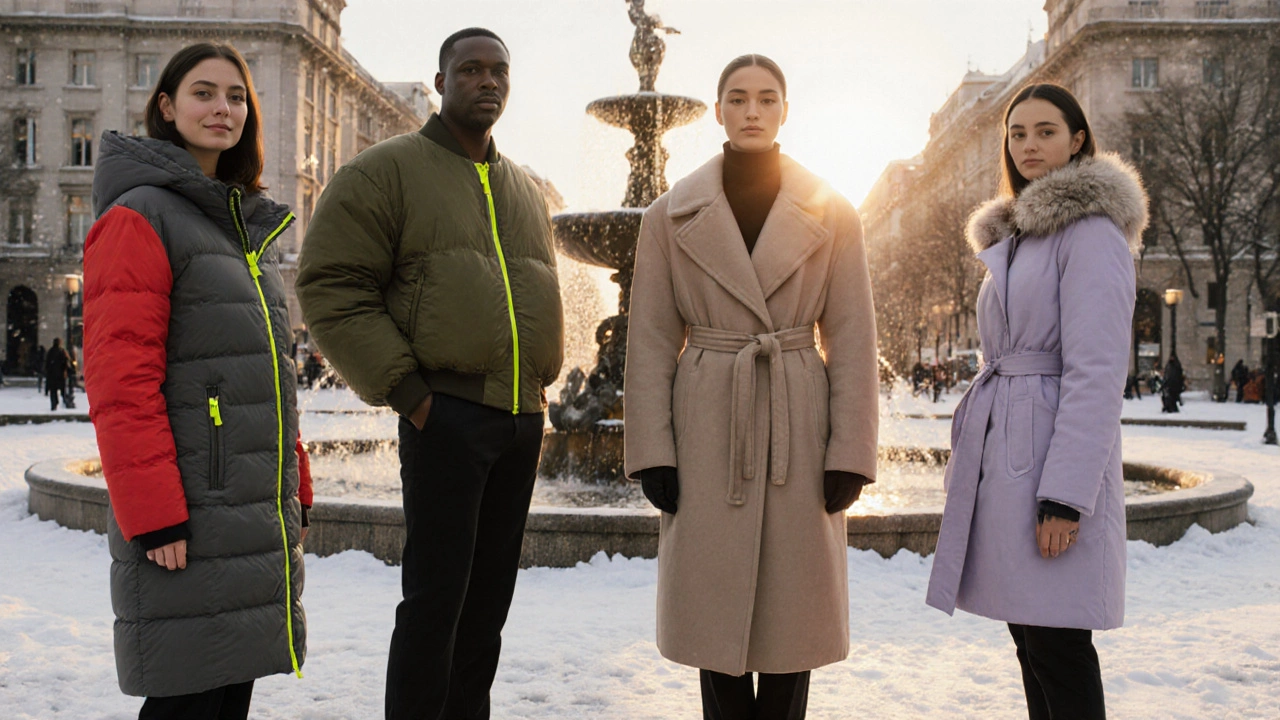 Four people of different body types wear winter coats with bright accent details on a snowy plaza at sunrise.