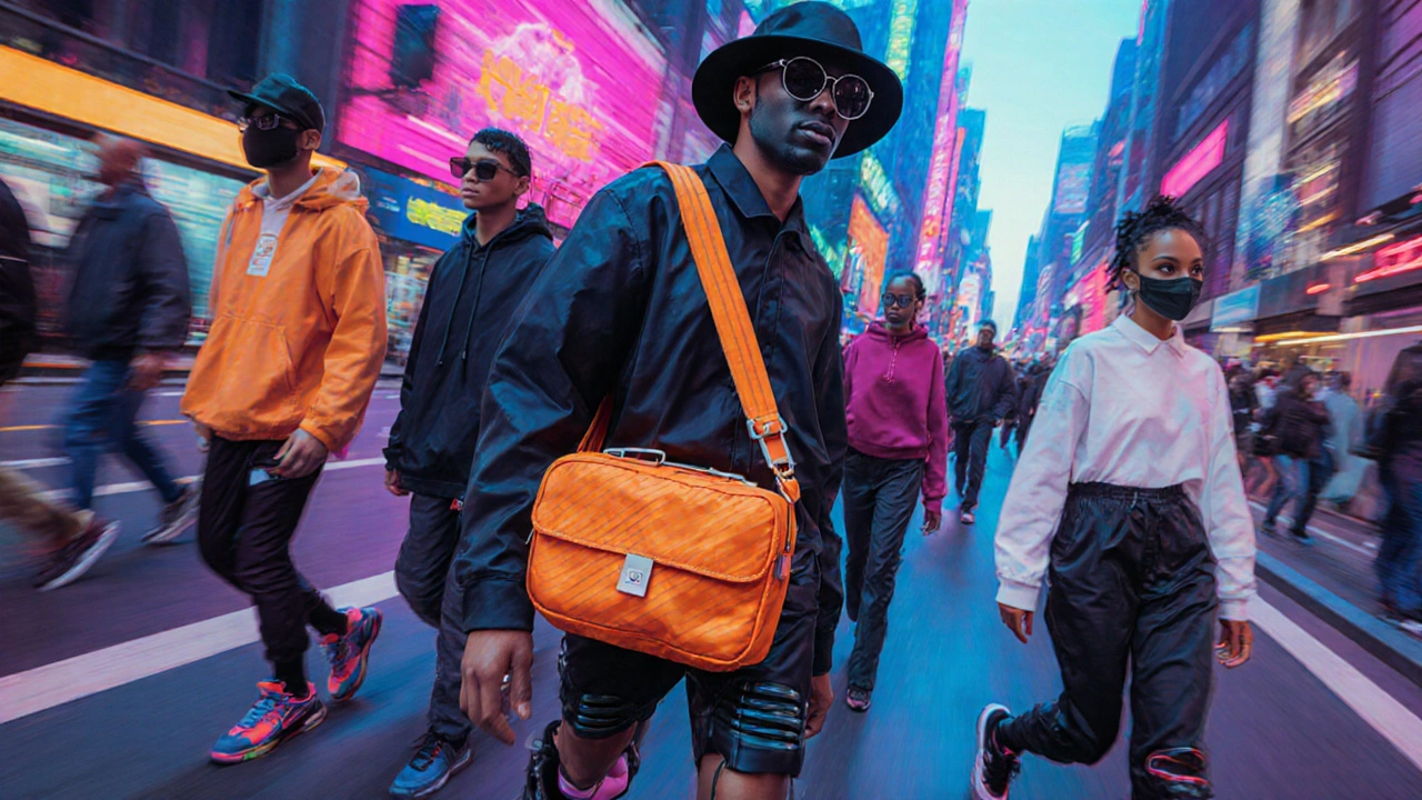 Модели в кибер‑городе демонстрируют яркие кроссбоди, модульную обувь и шляпу‑маску.