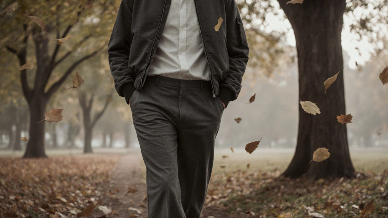 Мужчина в брюках-клёш с белой рубашкой и бомбером в осеннем парке.
