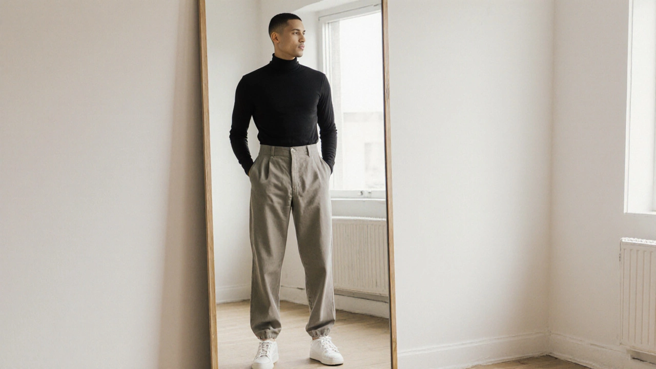 Мужчина в брюках унисекс перед зеркалом в минималистичной квартире.