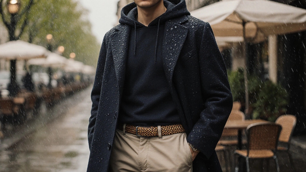 Мужчина в коротком шерстяном пальто с спрятанным капюшоном стоит под дождем у кафе.