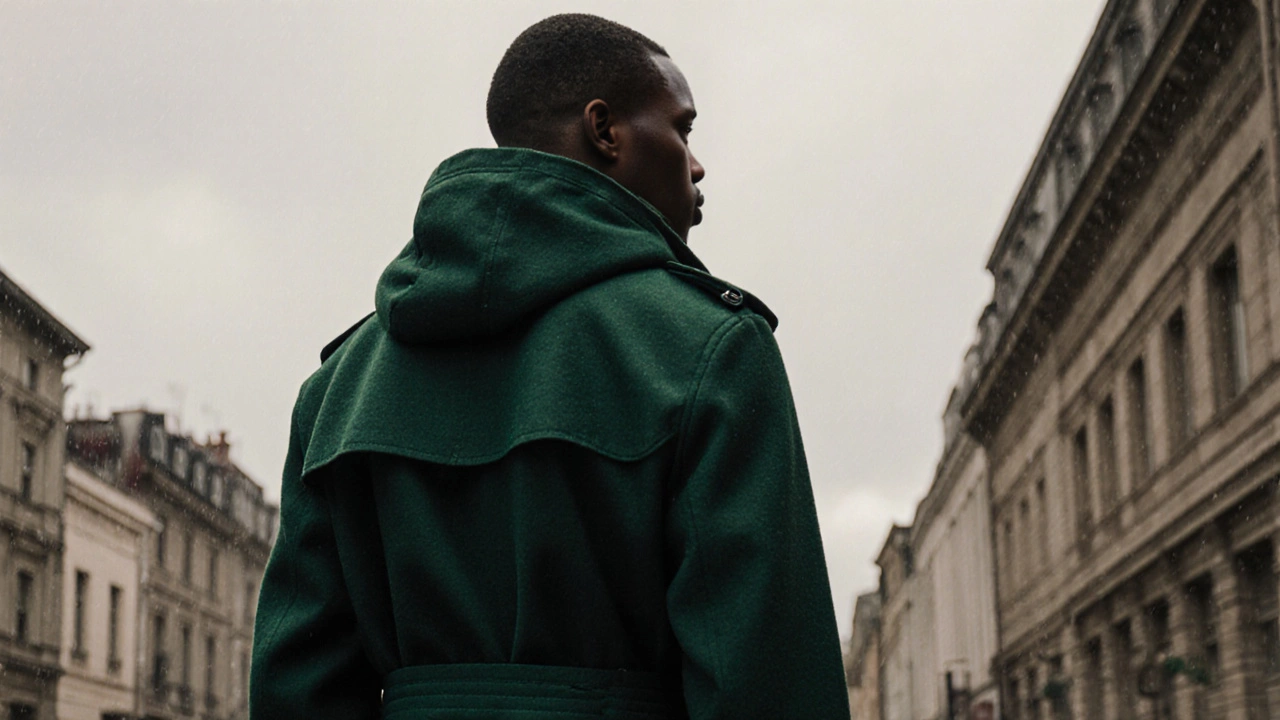 Мужчина в плаще из водоотталкивающей шерсти стоит под серым небом, не используя зонт.