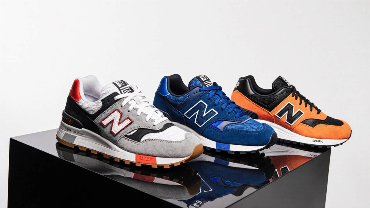 Пять моделей New Balance, размещённые на подиумах, с акцентом на материалы и цвета.