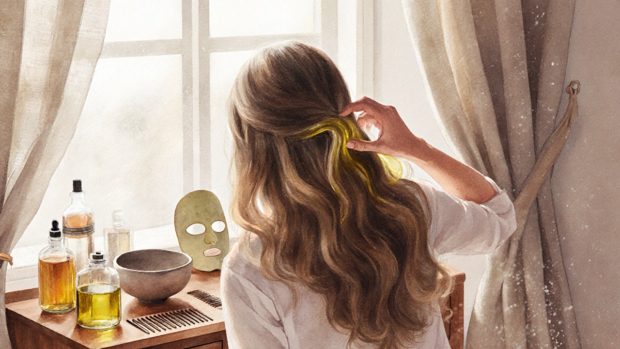 Рука наносит масло на кончики длинных волос на фоне натуральных средств по уходу.