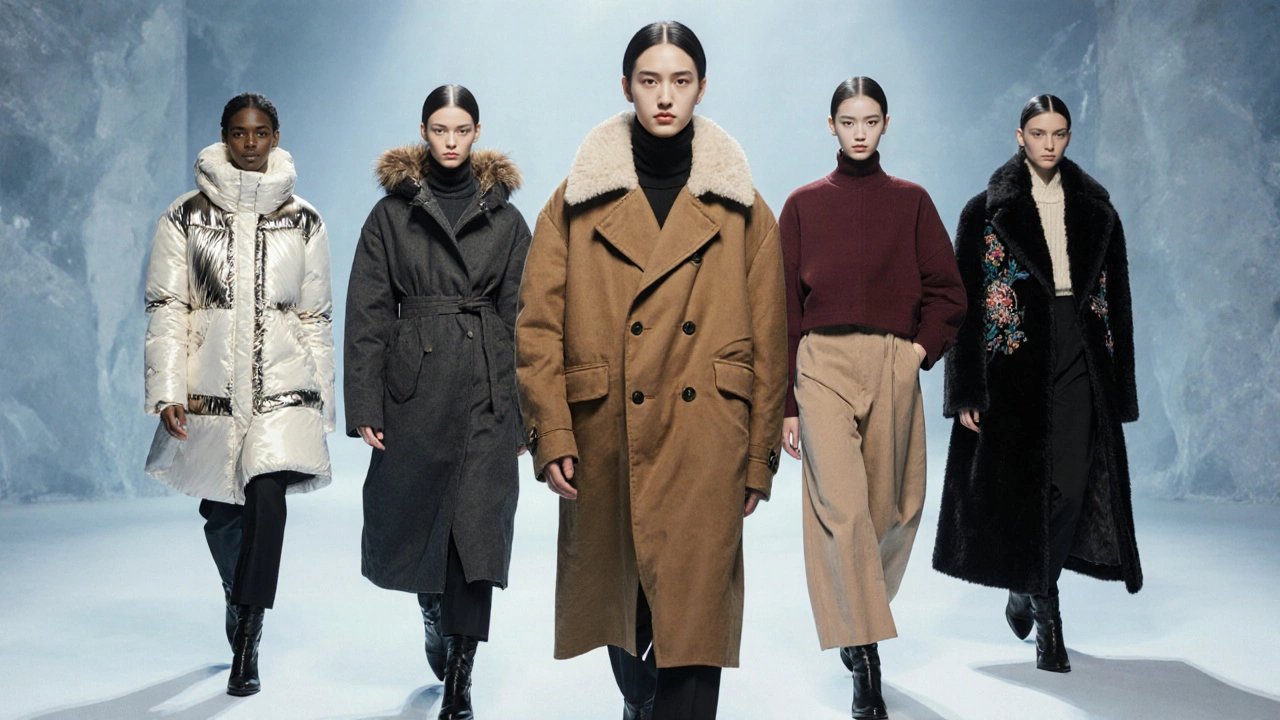 Six models display key 2024 outerwear pieces: down jacket, park, trench, coat, bomber, and fur coat.