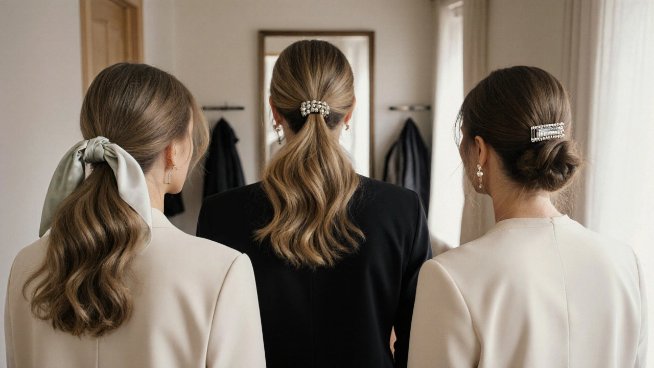 Три женщины 50+ с длинными волосами в разных стилях укладки: шелковый шарф, металлическая заколка и жемчужная клипса.