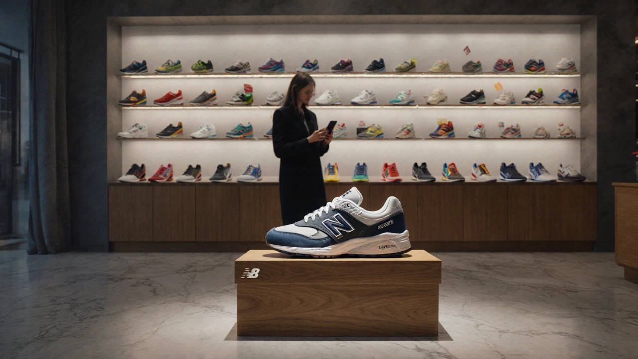 Внутри флагманского магазина New Balance, покупатель рассматривает оригинальные кроссовки.