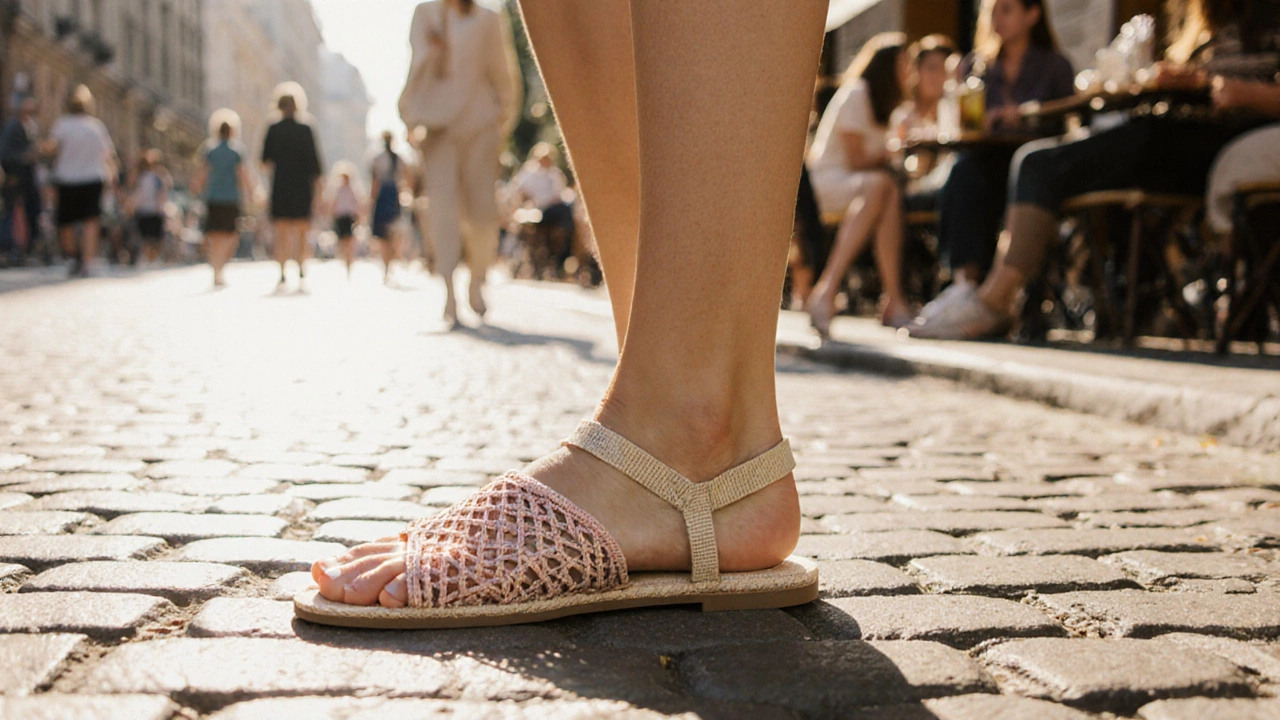 Босоножки без носка и пятки на солнечном тротуаре, выполненные из плетёной ткани.