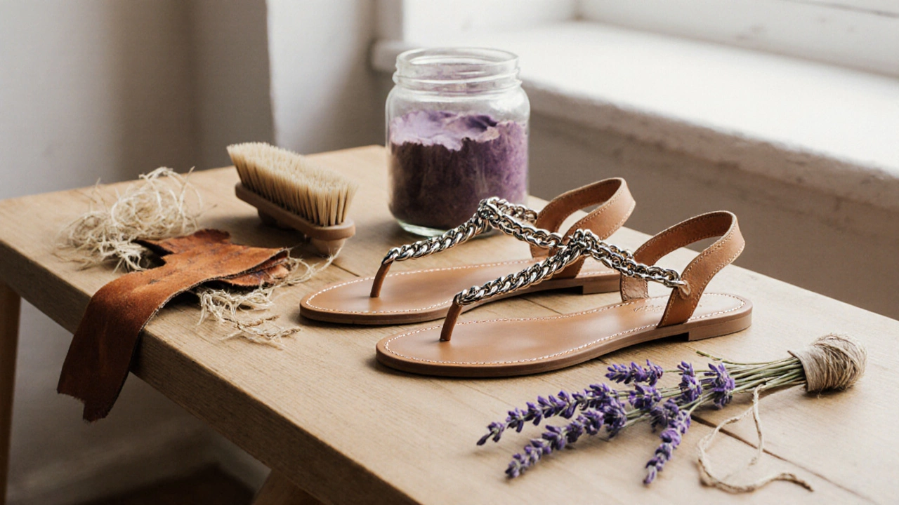 Босоножки с металлическими цепочками и натуральные материалы на деревянном столе.