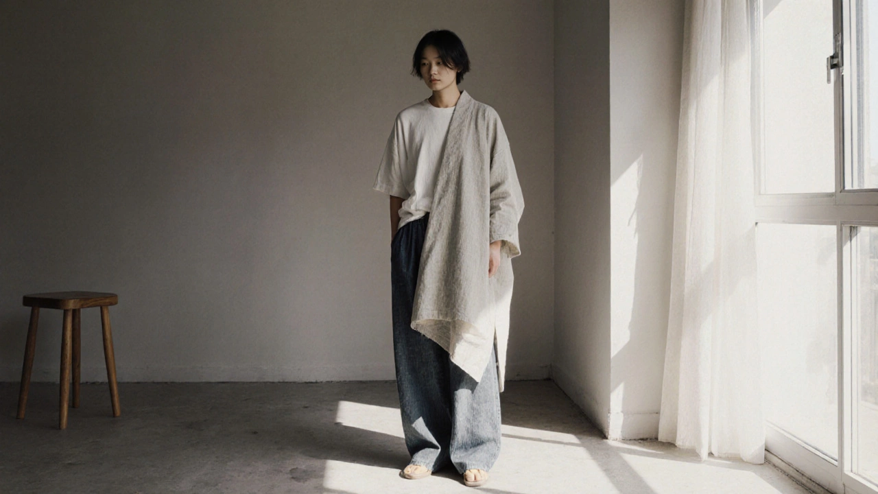 Фигура в асимметричной одежде из натуральных тканей в минималистичной комнате с мягким светом из окна.
