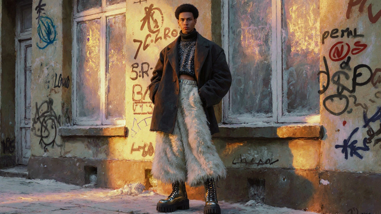 Гендерно-нейтральный образ: мужчина в юбке и широком пиджаке, с пушистыми брюками и ботинками на платформе.