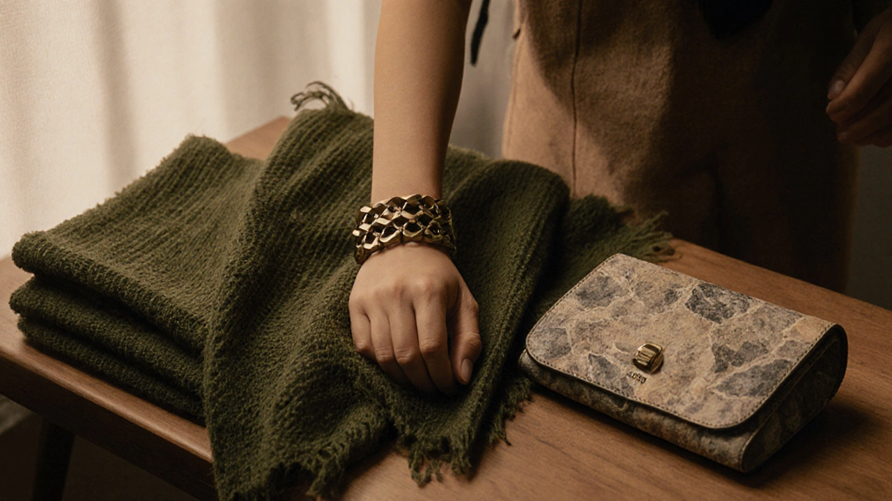 Крупный план запястья с массивным геометрическим браслетом и сумкой с текстурированной кожей, рядом — шарф грубой ткани.