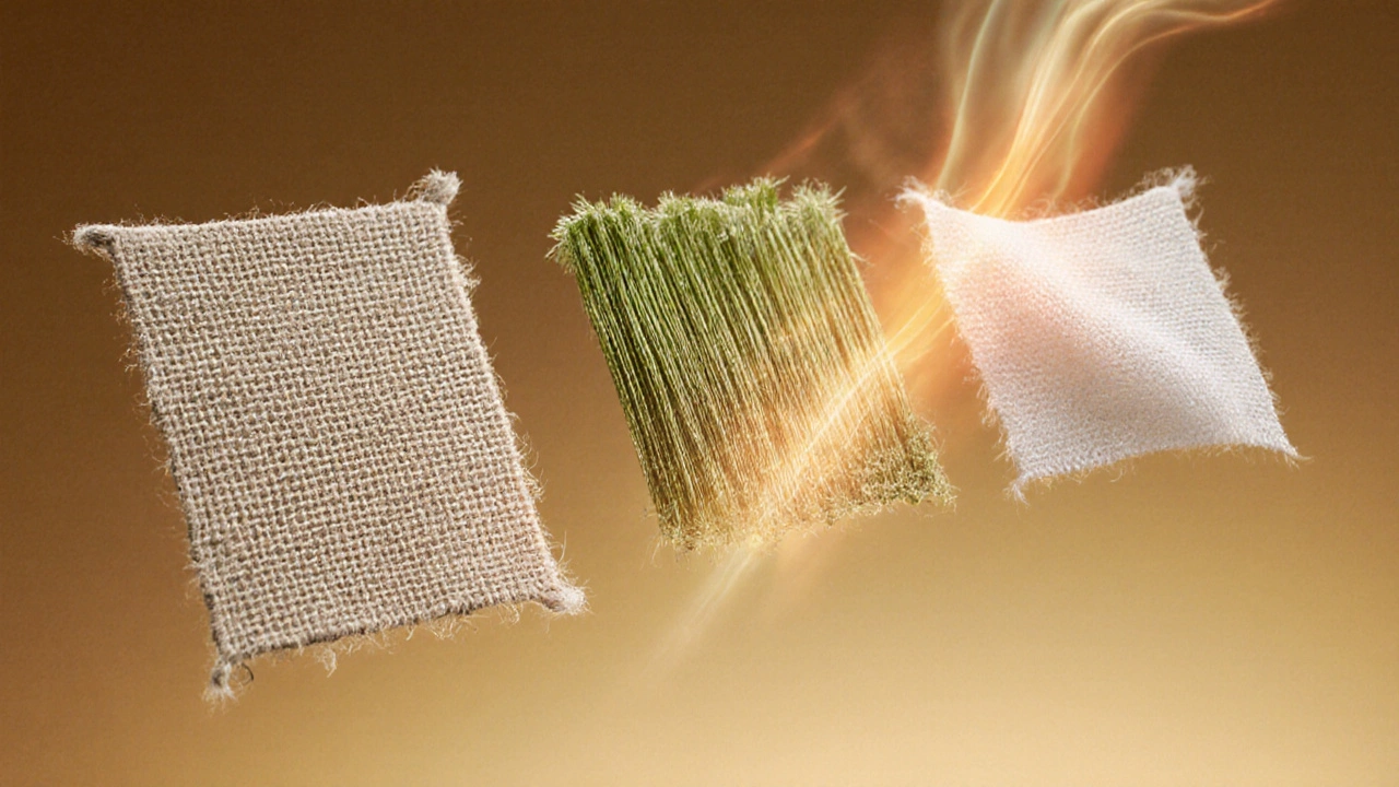 Макроснимок натуральных тканей — льна и бамбука — рядом с синтетической тканью, подчёркивающий их структуру.