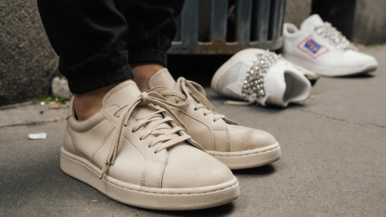 Минималистичные ботинки без логотипов на фоне выброшенных блестящих кроссовок прошлого года.