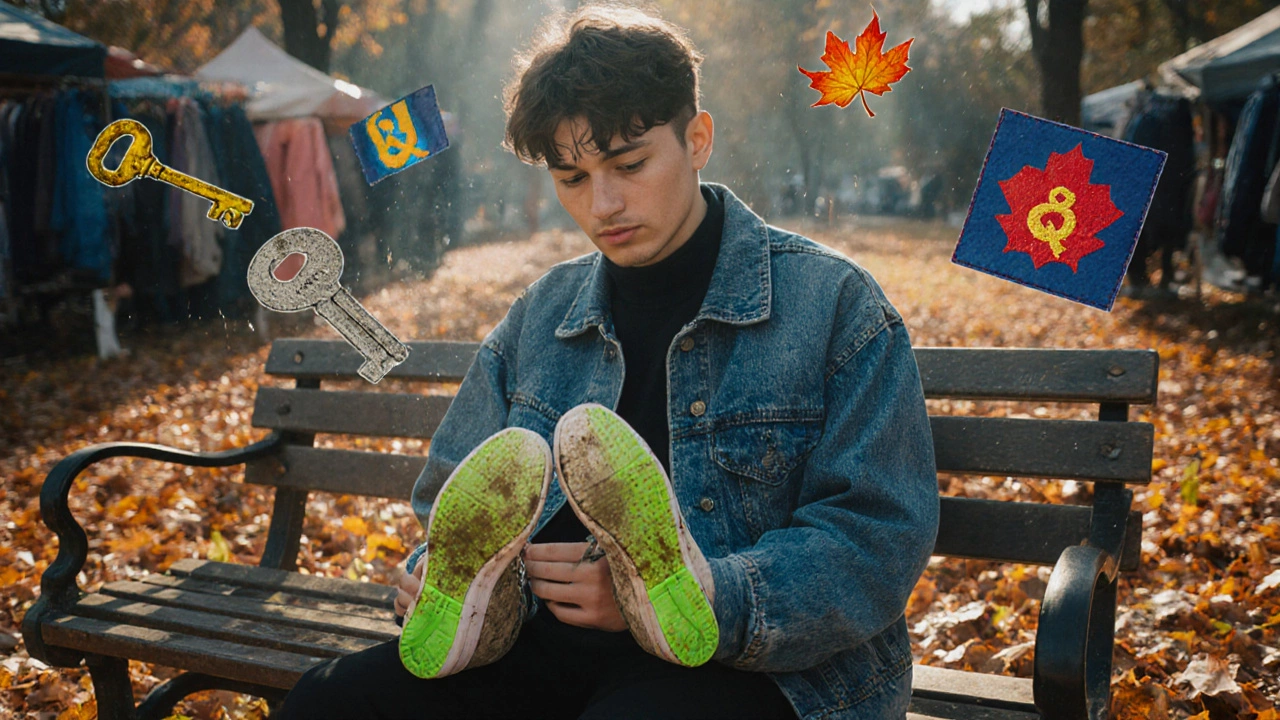Молодой человек на скамейке с самодельной курткой из джинсов и кроссовками с неоновой подошвой, вокруг — листья и символы истории.