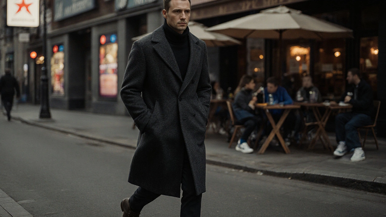 Мужчина в безупречном пальто без логотипов идет по улице, за ним — размытые яркие рекламы.