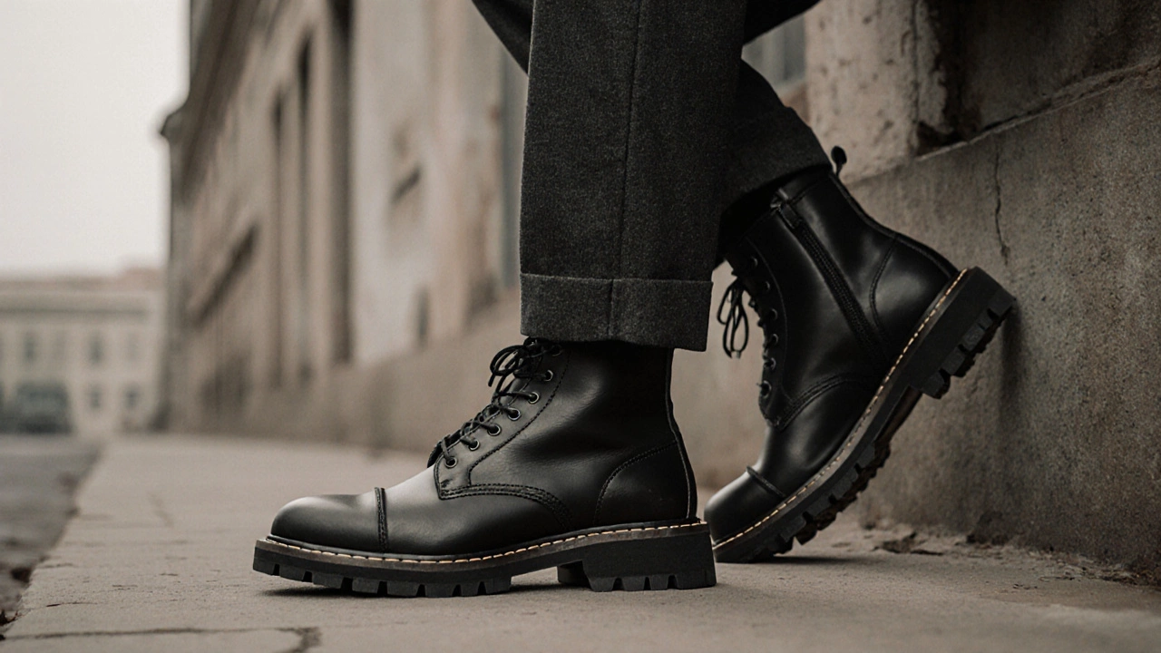 Мужчина в Новосибирске в матовых ботинках с резиновой подошвой стоит у старого здания.