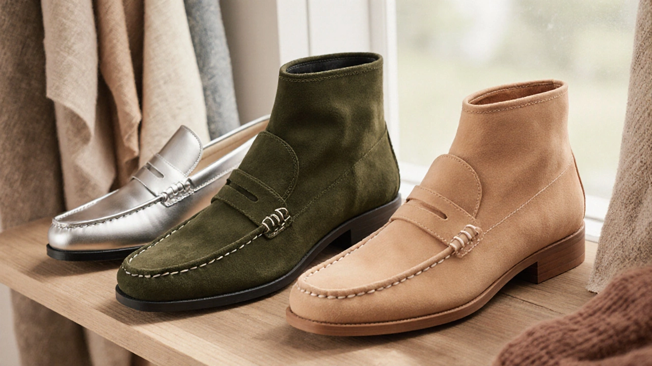 На деревянной полке выставлены три трендовые модели обуви 2024: бежевые, оливковые и матово-серебряные.