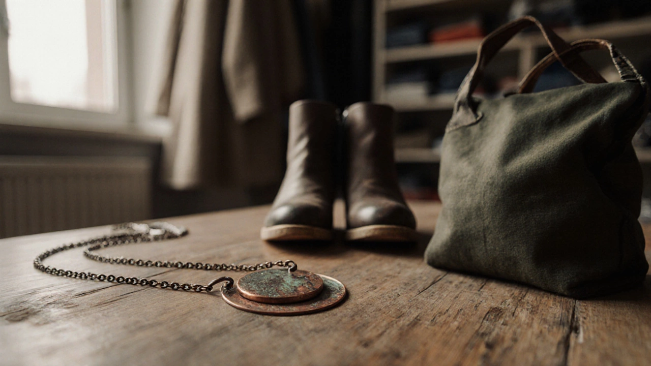 Ручная медная цепочка и деревянные ботинки на столе рядом с сумкой из перешитого пальто.