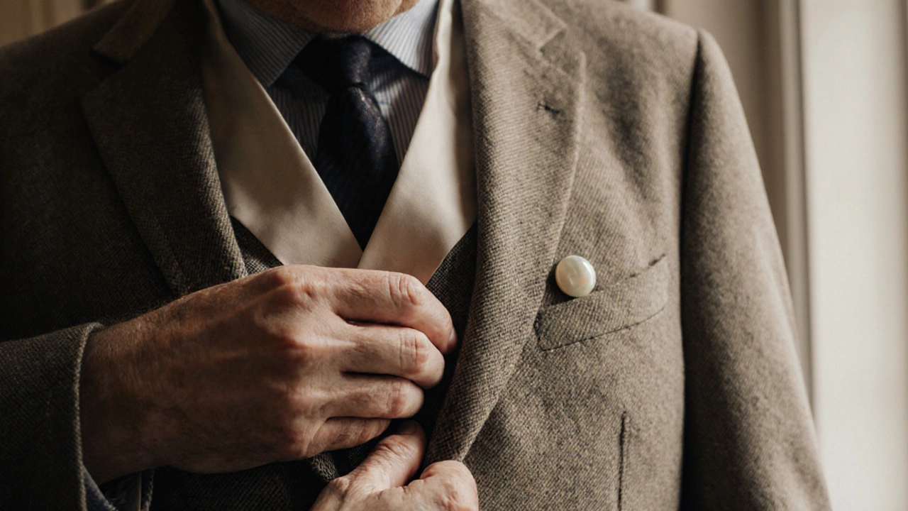 Руки мастера проверяют ручную прострочку и шелковую подкладку пиджака, видны неровности швов.