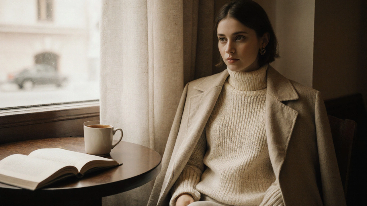 Стильный образ в кафе: свитер и пальто из натуральных тканей без лишних слоев и брендовых надписей.