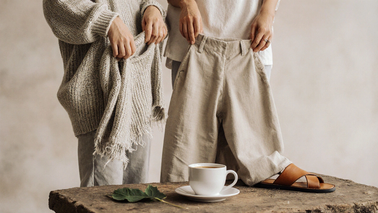 Три предмета свободного стиля — свитер, брюки и сандалии — на деревянном столе рядом с кофе и листом.