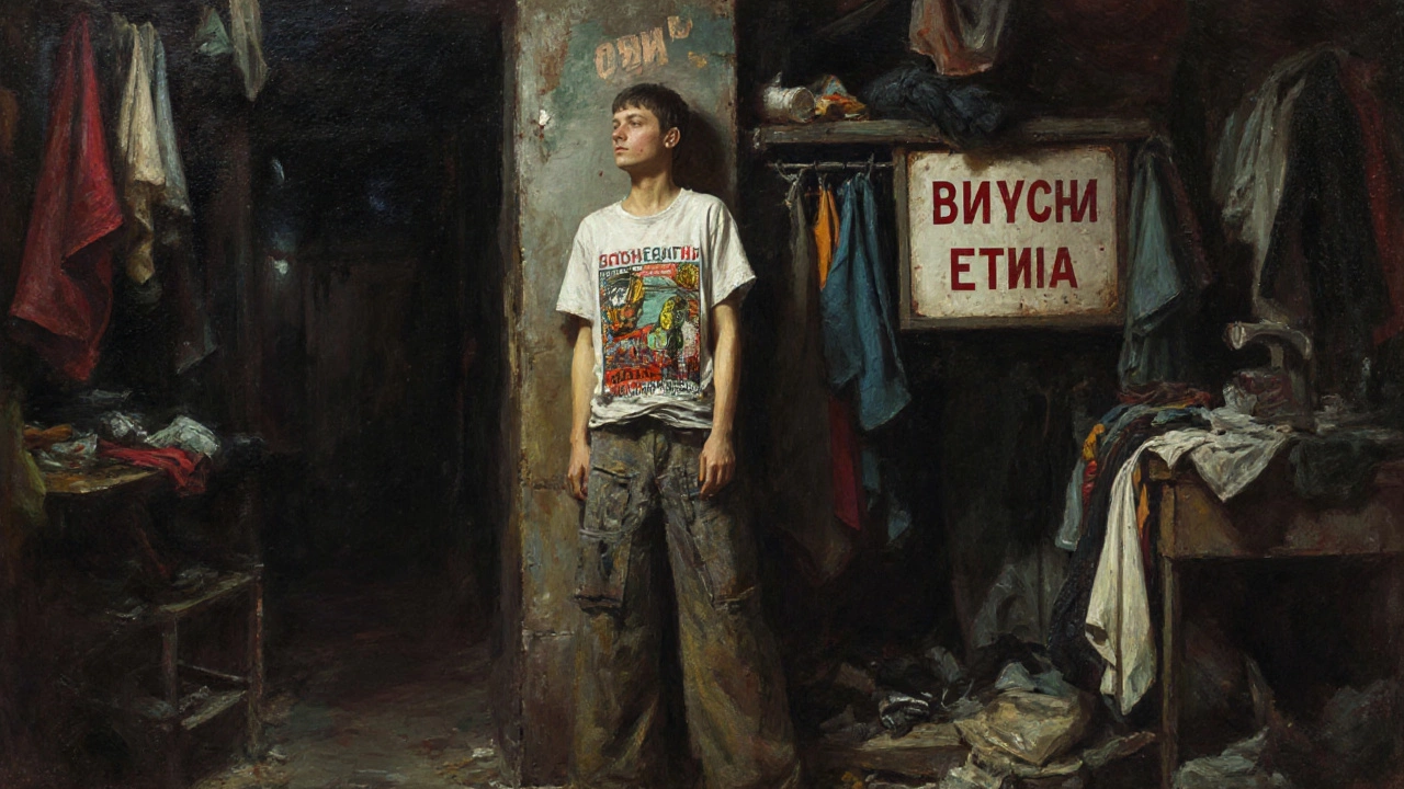 Юноша в Екатеринбурге в футболке с советским киберпанком и брюками из вторичной шерсти у локального бутика.