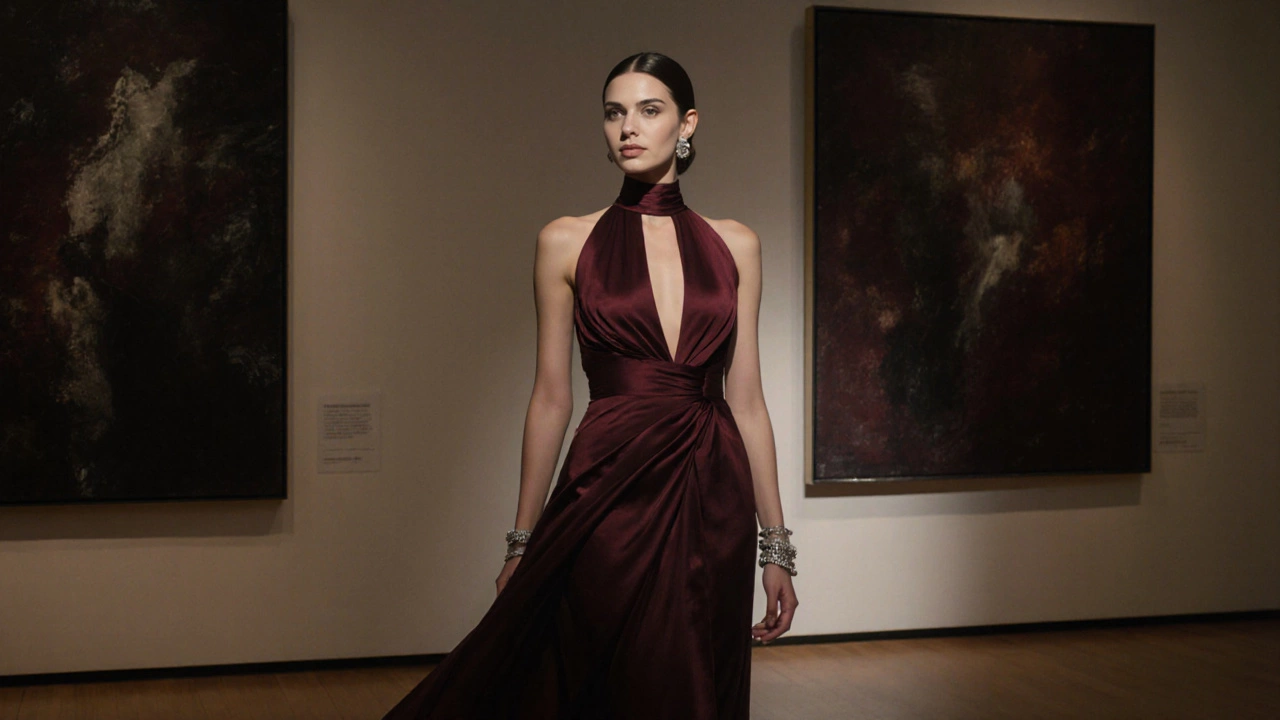 Женщина в бордовом вечернем платье в галерее, мягкий свет, серебряные аксессуары.
