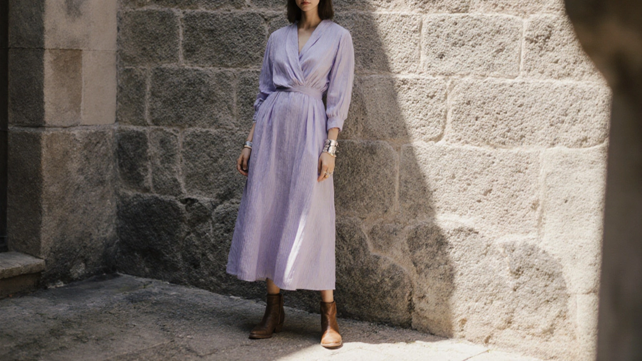Женщина в лавандовом платье во дворе, кожаные ботильоны, минимализм и утренний свет.