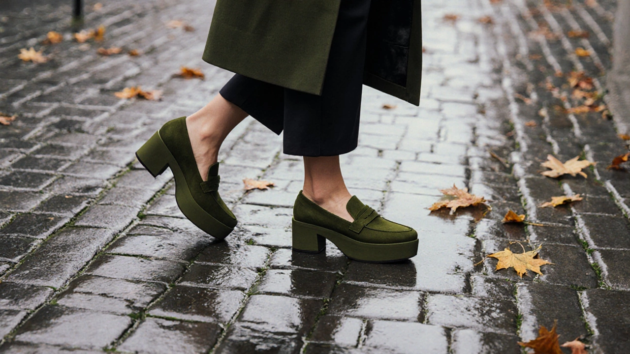 Женщина в Санкт-Петербурге в туфлях на тонкой платформе шагает по мокрым брусчаткам.