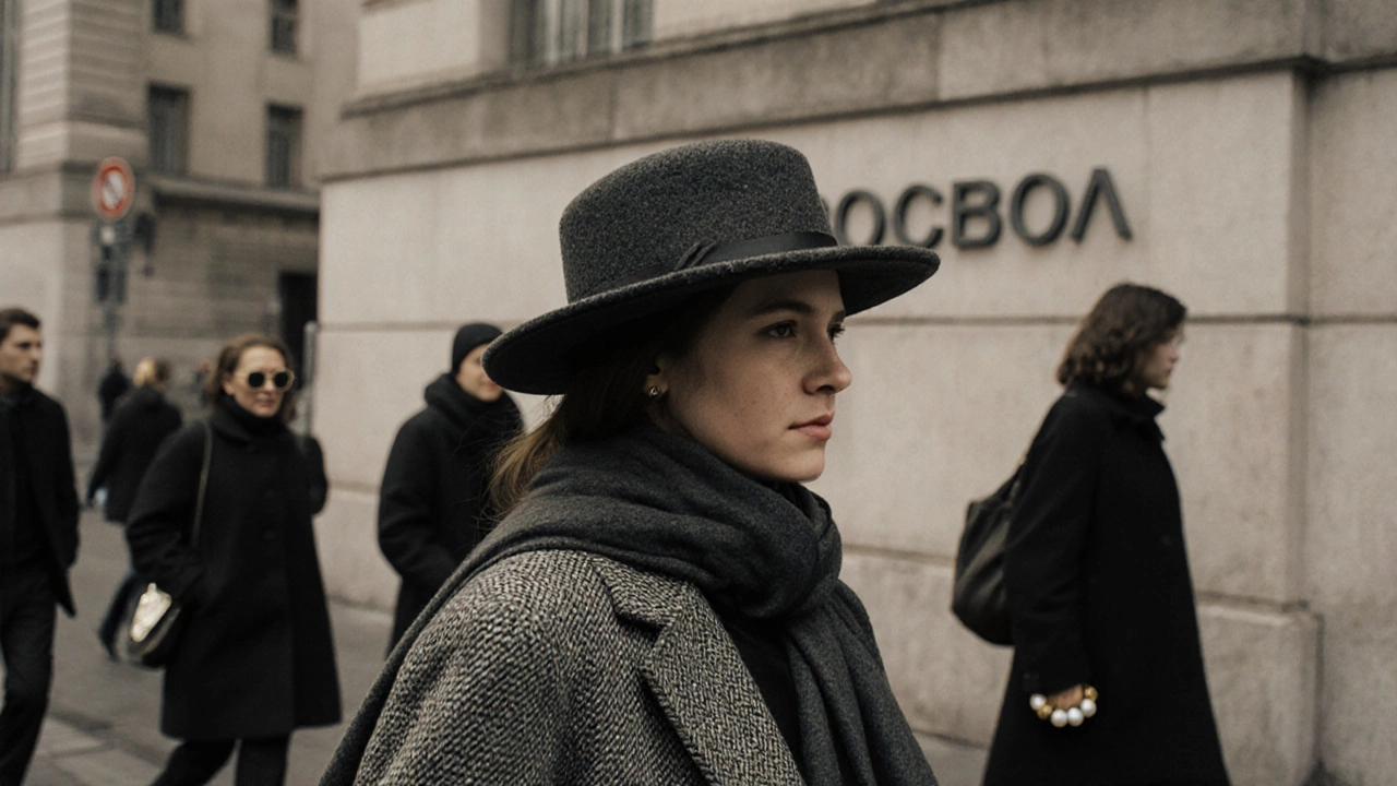 Женщина в твидовом жакете и строгой шапке-тюбетейке идёт мимо ЦУМа, шарф накинут на плечи, вокруг — размытые силуэты устаревших аксессуаров.