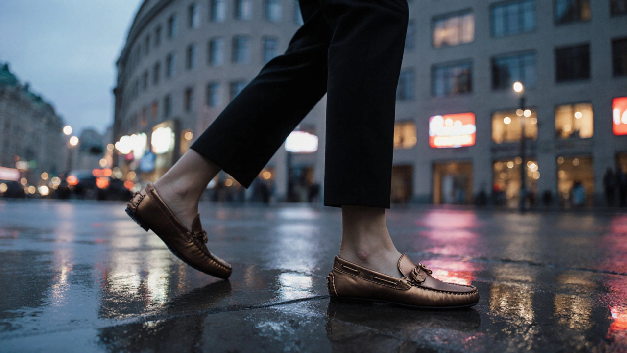 Женские ноги в черных брюках и бронзовых мокасинах ступают на мокрый асфальт в сумерках.