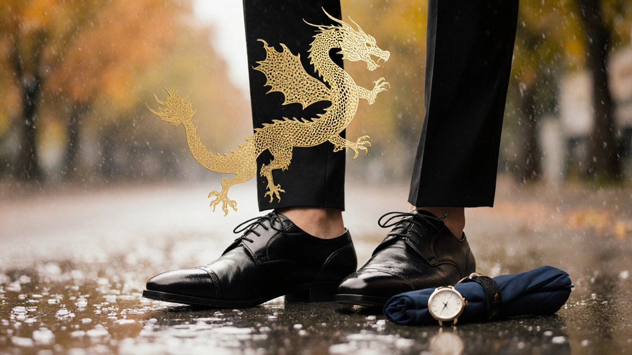 Золотой дракон над чистыми кожаными ботинками, круглые часы и аккуратная обувь без трещин и грязи.