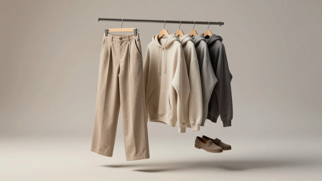 Абстрактная композиция из свернутой базовой одежды, символизирующая устойчивый стиль без трендов.