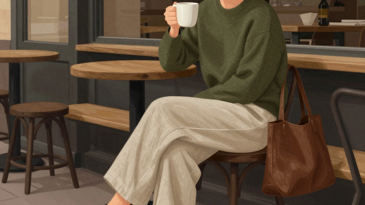 Человек в нейтральной одежде в уютном кафе Санкт-Петербурга, без логотипов и ярких цветов.