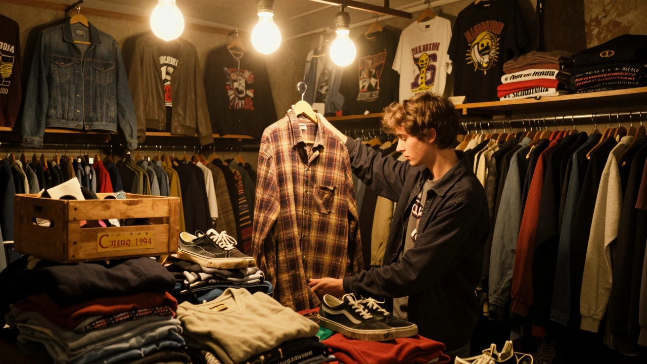 Человек выбирает одежду в бутике вторичной моды: старые пледовые рубашки и кеды 90-х на полках с пылью и теплым светом.