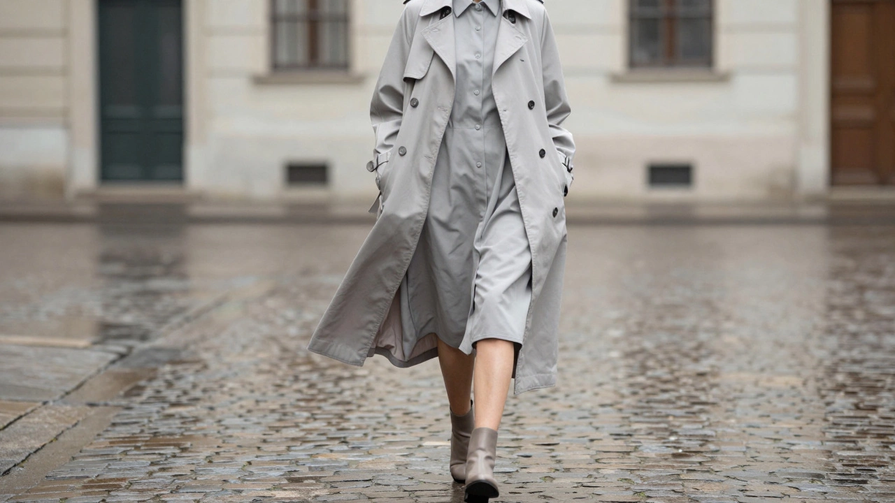 Длинный плащ серо-зеленого цвета развевается над платьем на мокрой улице.