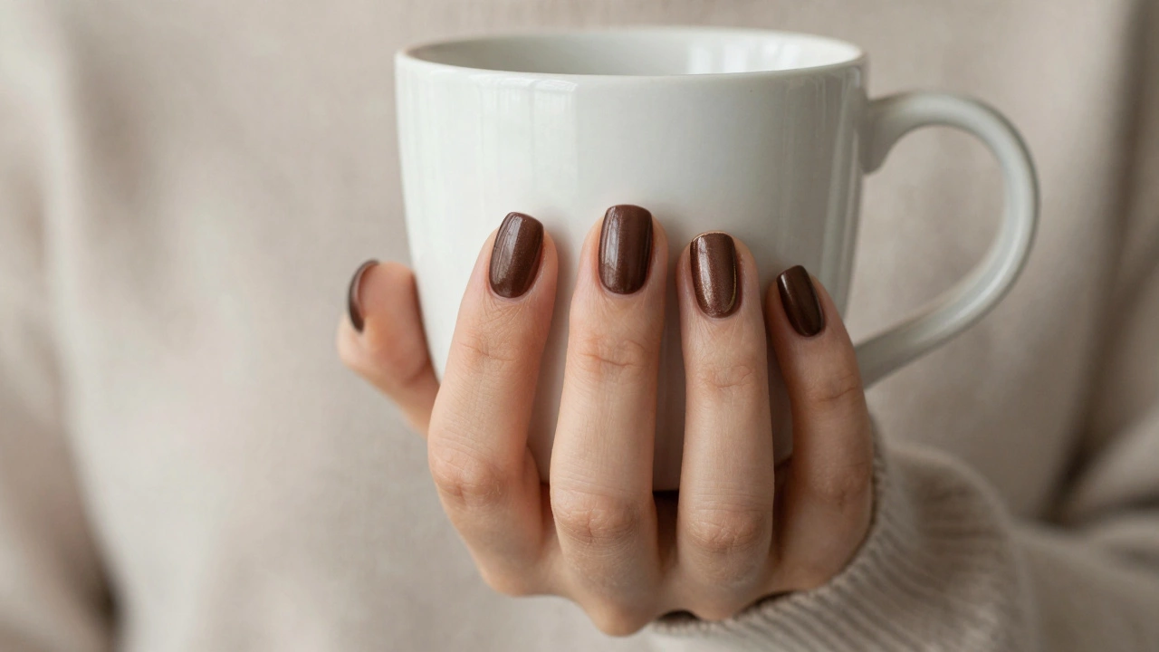 Короткие ногти шоколадного цвета на шерстяном свитере с тонкой золотой линией