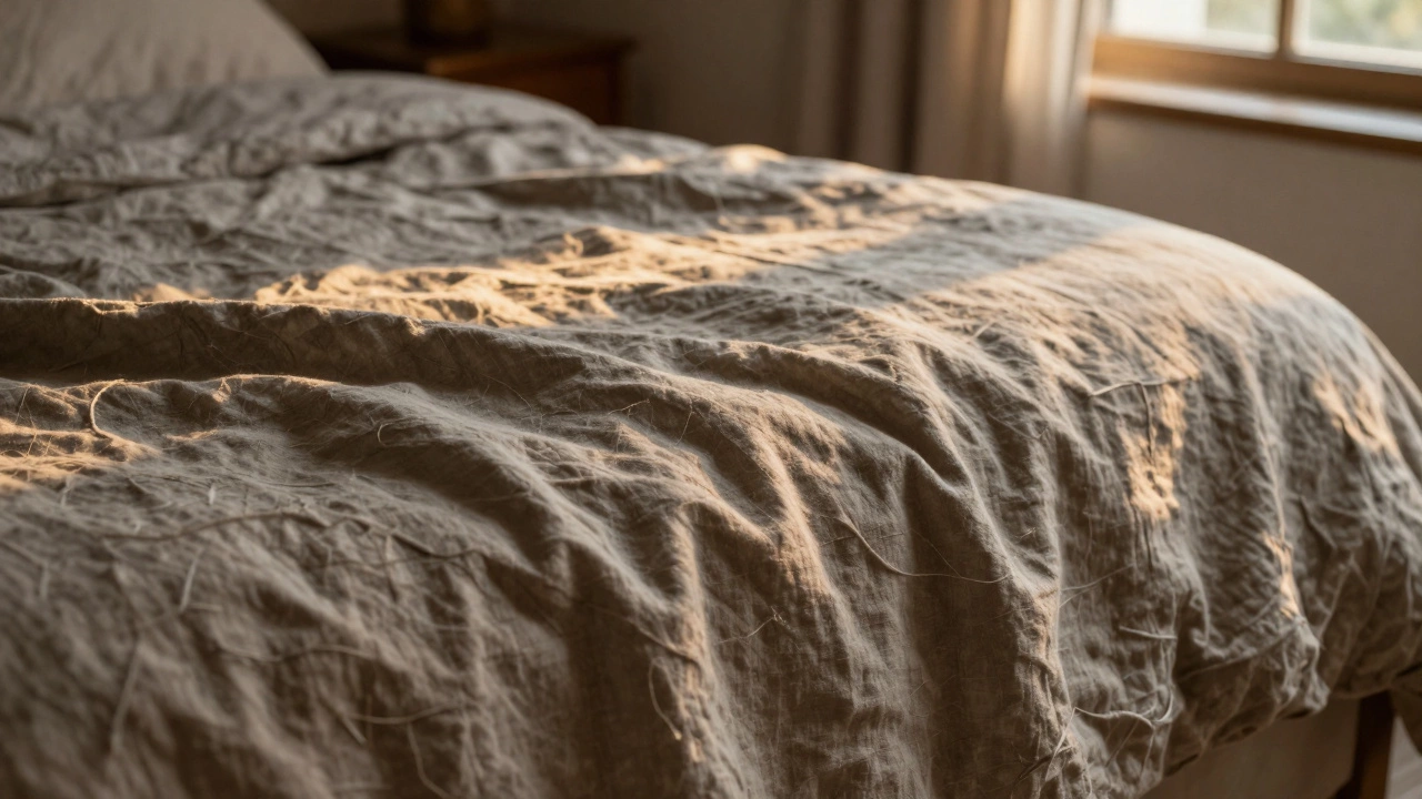 Льняное постельное белье с текстурированной поверхностью, освещенное теплым вечерним светом.