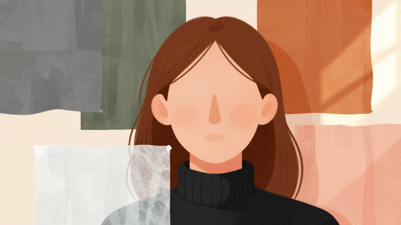 Лицо окружено пятью тусклыми оттенками ткани, рядом светятся теплые коралловый и персиковый цвета.