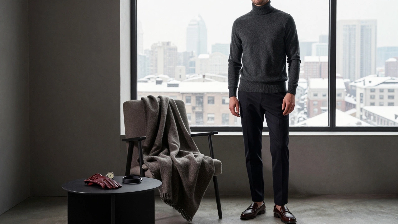 Мужчина в тёмном мериносовом водолазке в минималистичной квартире с видом на снежный город.