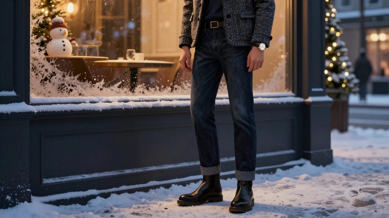 Мужчина в тёмных денимах и твидовом пиджаке у окна кафе в зимнем городе.