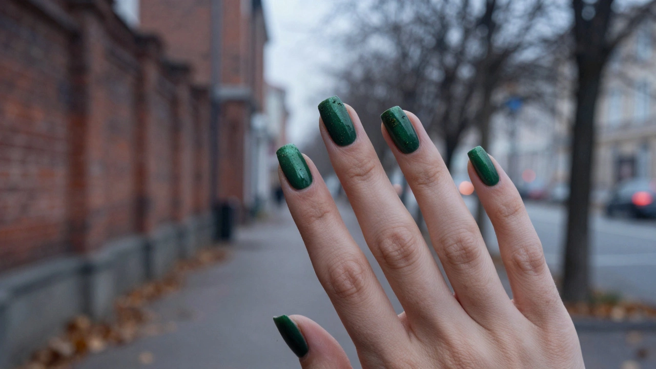 Пальцы с темно-зелеными ногтями на фоне зимнего московского пейзажа