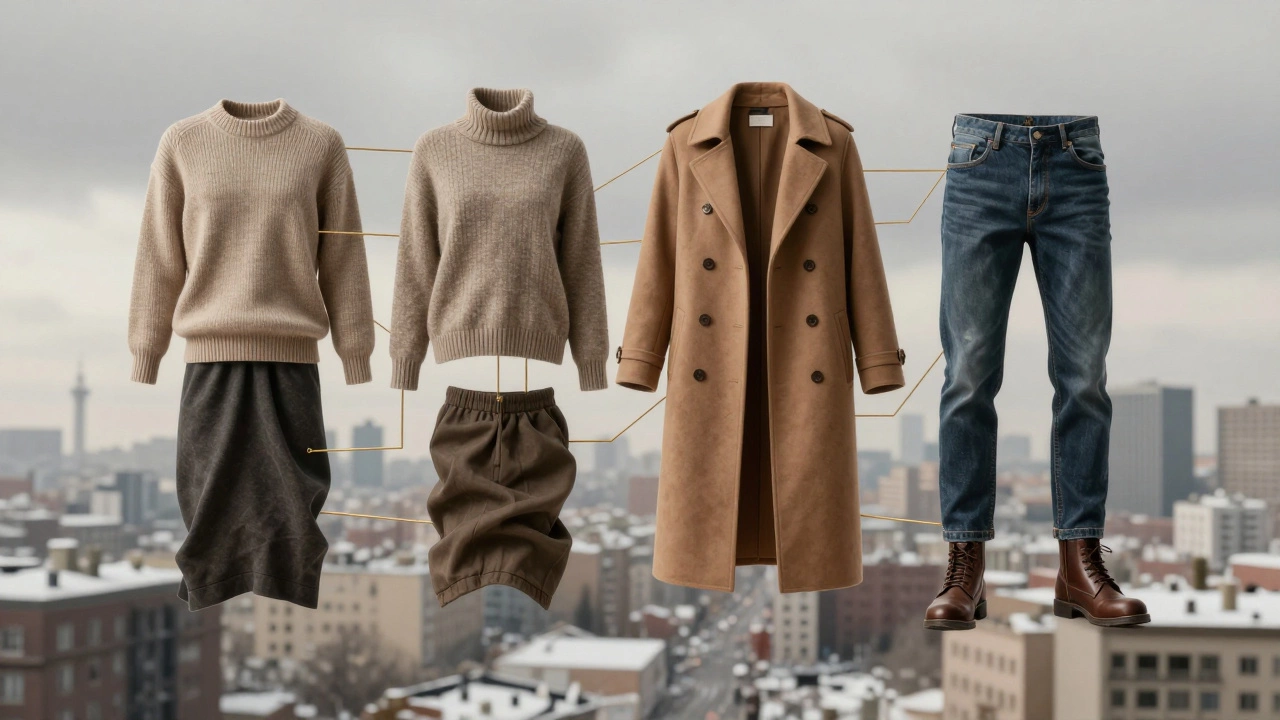 Слои зимней одежды в виде системы: термобелье, свитер, пальто, джинсы и ботинки, соединенные линиями на сером фоне.