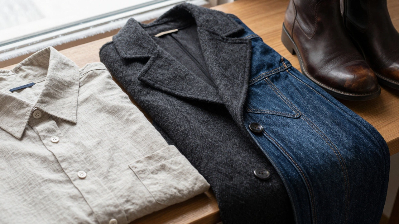 Текстуры натуральных тканей: лен, шерсть, джинс и кожа на деревянном столе при мягком свете.