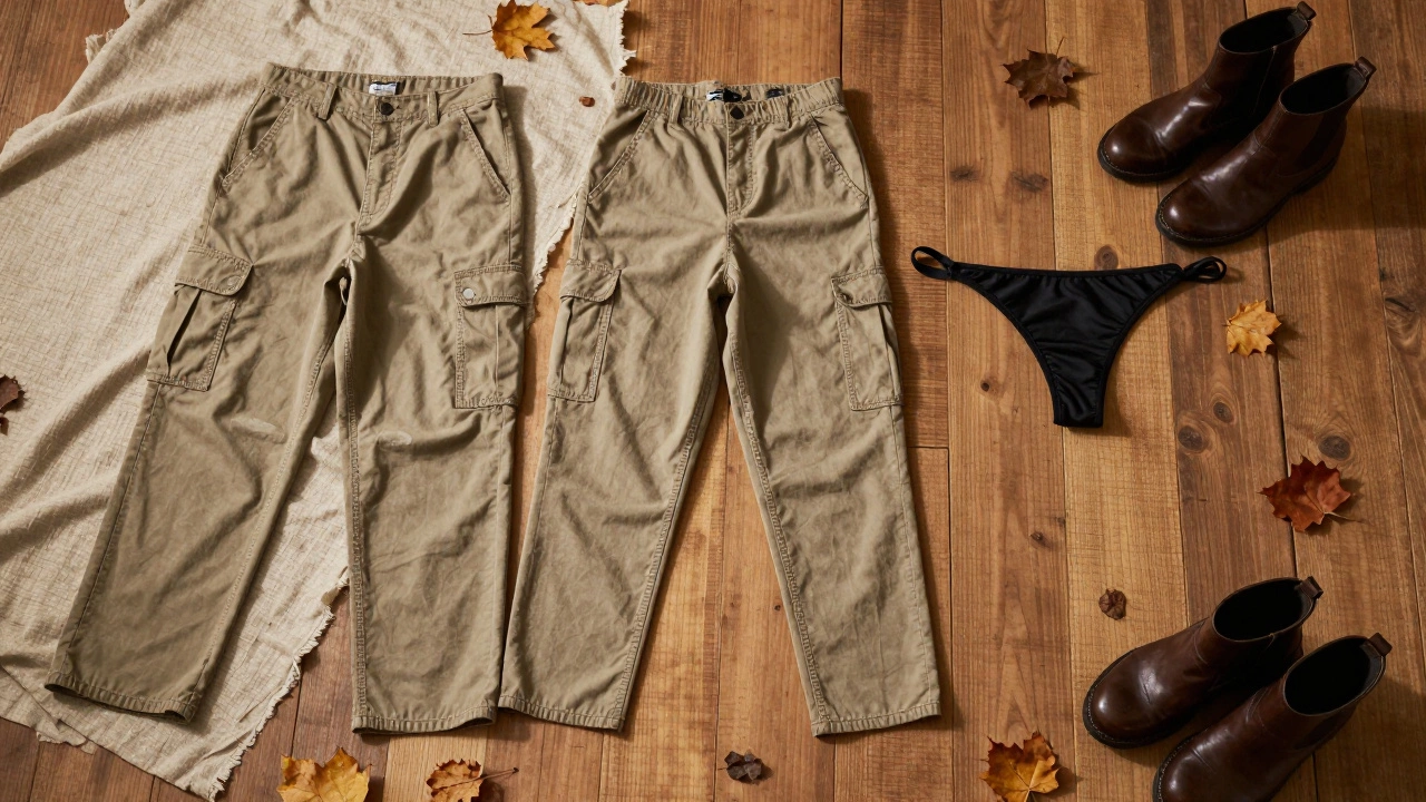Три модных типа брюк 2024 года: карго, с разрезами и бабетты, на деревянном полу с листьями.