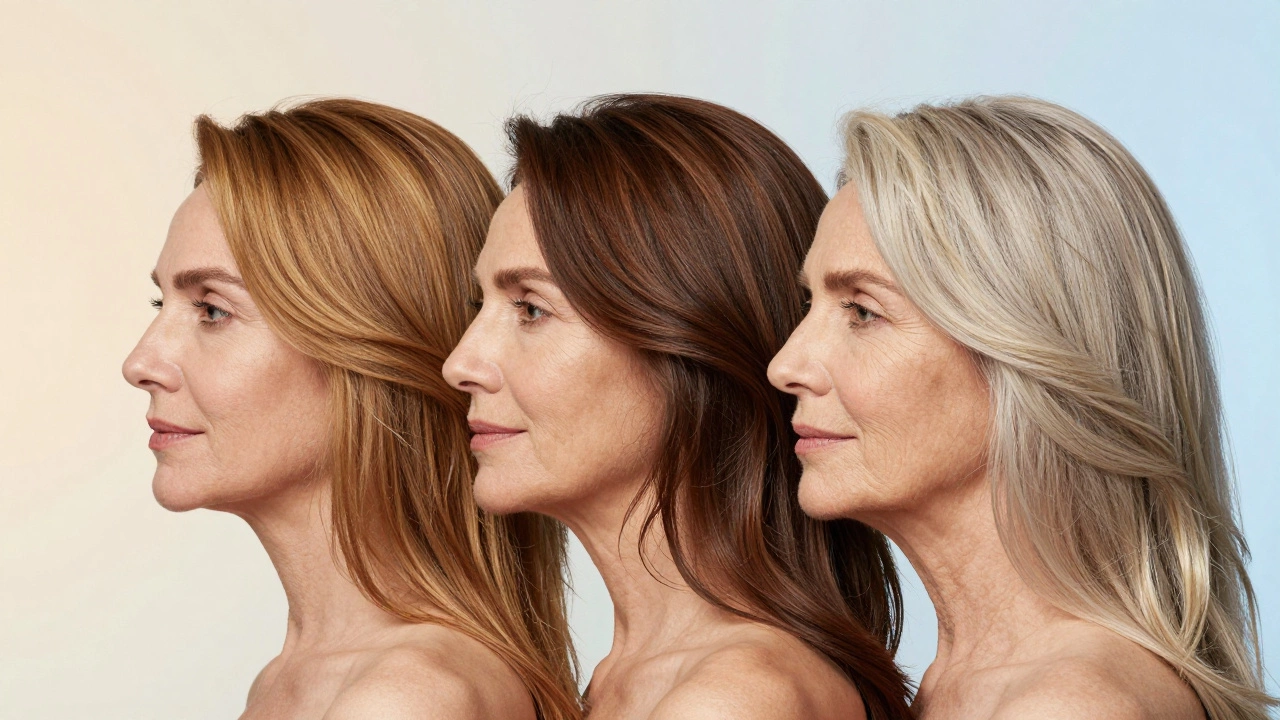 Три профиля женщин разных возрастов с идеальными оттенками волос, освещенные естественным светом.