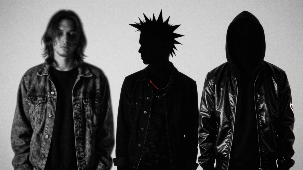 Три силуэта: гранж (мягкий, слоистый), панк (острый, с шипами), уличный стиль (блестящий, симметричный) — гранж доминирует в тишине.