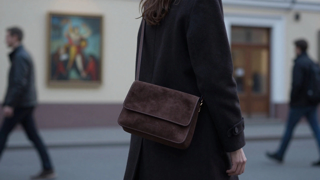 Узкая сумка-кроссбоди из замши без логотипов, на женщине в городе